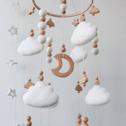 Moon, Clouds & Stars Baby Mobile For Crib, Pastel Colours Nursery Decor, Gender Neutral Felt Mobile, Baby Shower Gift - thumbnail 3