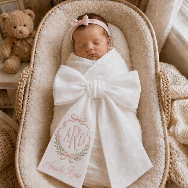 Custom Name Embroidered Newborn Bow Sash, Monogram Coquette Swaddle, Sash For Baby Picture, Preppy Shower Gift - image 1