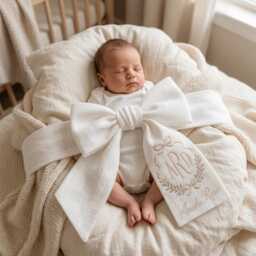 Custom Name Embroidered Newborn Bow Sash, Monogram Coquette Swaddle, Sash For Baby Picture, Preppy Shower Gift - thumbnail 2