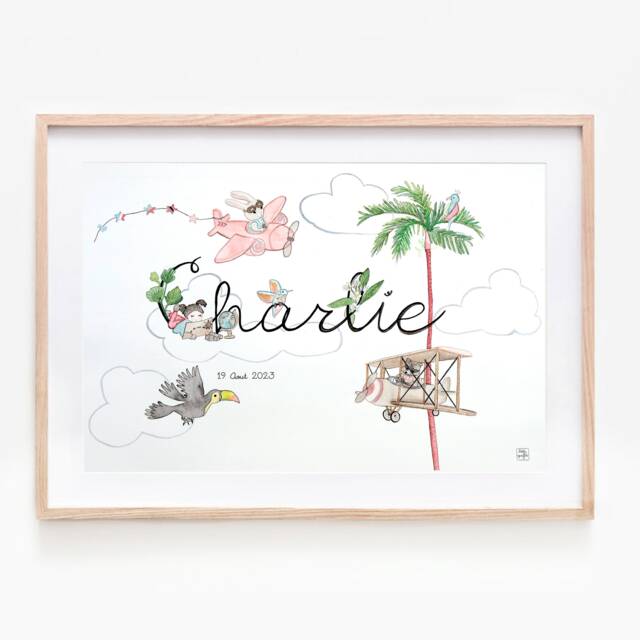 Illustration Customizable Baby First Name, Customizable Watercolor Painting, Children's Room Decoration, Birth Gift, Airplane - image 1