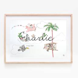 Illustration Customizable Baby First Name, Customizable Watercolor Painting, Children's Room Decoration, Birth Gift, Airplane - thumbnail 1