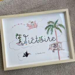 Illustration Customizable Baby First Name, Customizable Watercolor Painting, Children's Room Decoration, Birth Gift, Airplane - thumbnail 3