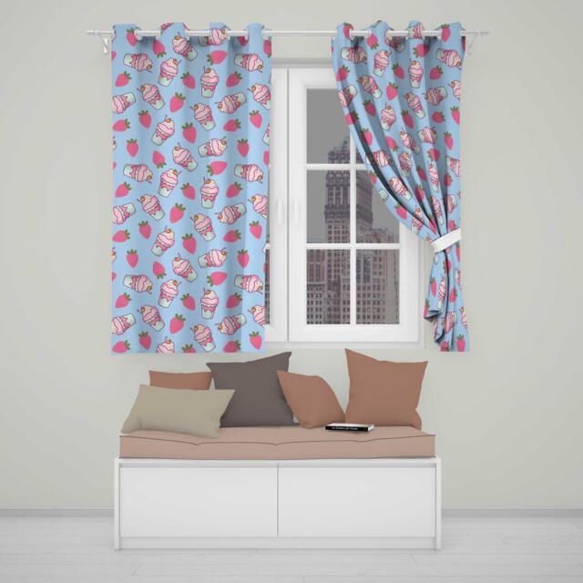 Cute Strawberry Milkshake Cupcake Dessert Seamless Pattern Readymade Eyelet Ring Top Thermal 100% Blackout Curtains - image 1