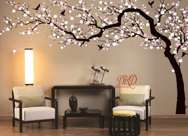 Cherry Pink Blossom Tree, Large Flower Tree Decal For Nursery Decoration, Wall Mural-Dk251 - image 1
