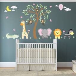 Jungle Animal Nursery Wall Stickers, Safari Tree Mural, Pastel Decor - thumbnail 1