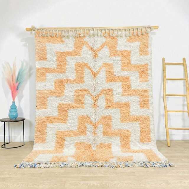 Moroccan Peach Berber Rug, Handwoven Wool Shag Rug With Geometric Zigzag, Authentic Beni Ourain Style Carpet, Large 9x12 Area - image 1
