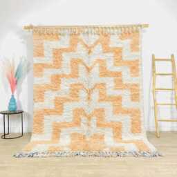 Moroccan Peach Berber Rug, Handwoven Wool Shag Rug With Geometric Zigzag, Authentic Beni Ourain Style Carpet, Large 9x12 Area - thumbnail 1