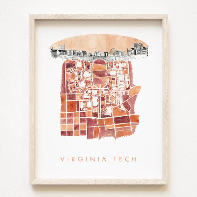 Virginia Tech Hand Painted Campus Watercolor Map - Art Print Blacksburg Town & Gown University Plan Graduation Gift Collegiate Hokie Decor - image 1