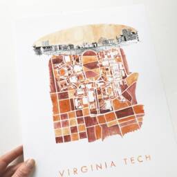 Virginia Tech Hand Painted Campus Watercolor Map - Art Print Blacksburg Town & Gown University Plan Graduation Gift Collegiate Hokie Decor - thumbnail 2