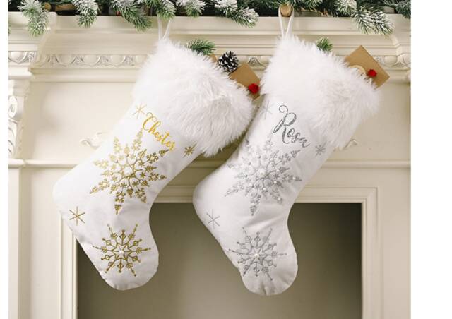 Personalized Christmas Stocking Silver Or Gold Snowflake, Pearl Detail - image 1