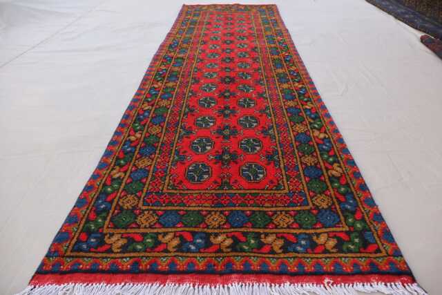 2'5x9'5 Afghan Red Runner Rug, Handmade Wool Multicolor Natural Veg Dyes Turkmen Bukhara Oriental Hallway Rug - image 1