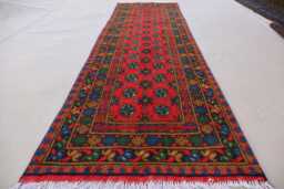 2'5x9'5 Afghan Red Runner Rug, Handmade Wool Multicolor Natural Veg Dyes Turkmen Bukhara Oriental Hallway Rug - thumbnail 1