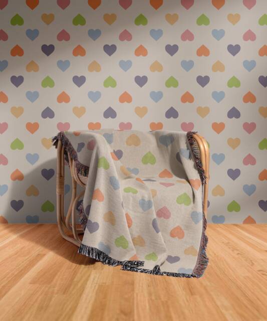 Cotton Woven Blanket, Rainbow Hearts, Modern Bed Throw, Retro Cozy Sofa Boho Nursery Decor, Baby Shower Gift, Valentine's Day - image 1