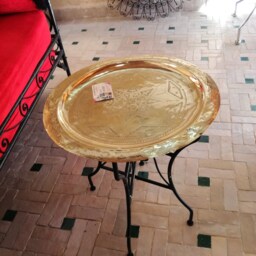 Handcrafted Moroccan Brass Folding Table Engraved Arabesque Tray - thumbnail 2