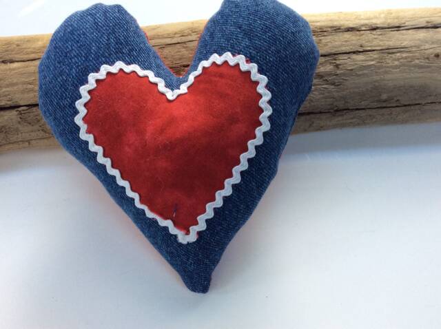 Denim Heart Pillow, Red Batik Applique, Farmhouse Decor - image 1