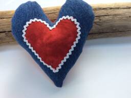 Denim Heart Pillow, Red Batik Applique, Farmhouse Decor - thumbnail 1