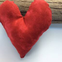 Denim Heart Pillow, Red Batik Applique, Farmhouse Decor - thumbnail 2
