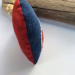 Denim Heart Pillow, Red Batik Applique, Farmhouse Decor - thumbnail 3