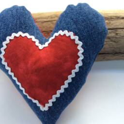 Denim Heart Pillow, Red Batik Applique, Farmhouse Decor - thumbnail 4