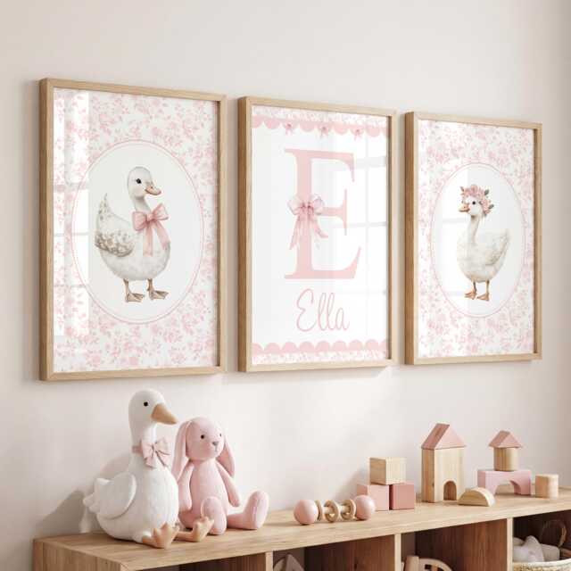 Nursery Prints Girl, Floral Goose Wall Art, Pink Toile Bows Set Of 3 - image 1