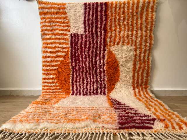 Orange Striped Moroccan Rug , Rugs For Living Room Custom Handmade Wool Berber Beni Ourain 10x14
