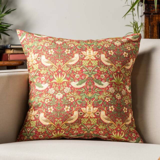 William Morris Strawberry Thief Printed Cushion in Red. Vintage Arts & Crafts Botanical Floral Print. 17x17 - image 1
