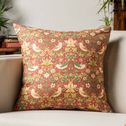 William Morris Strawberry Thief Printed Cushion in Red. Vintage Arts & Crafts Botanical Floral Print. 17x17 - thumbnail 1