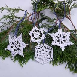 Crochet Snowflake Ornaments White Cotton With Silver Sparkle, Set Of 4 - thumbnail 1