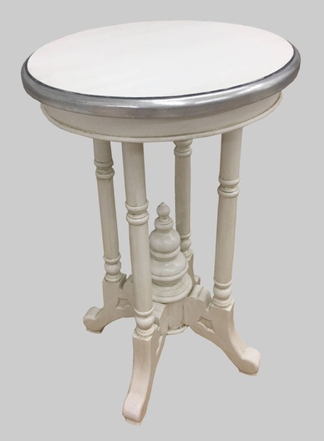 Occasional Round Lamp Side Table - Finished in Antique White With A Silver Metal Leaf Rim