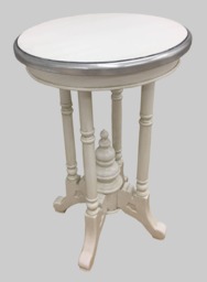 Occasional Round Lamp Side Table - Finished in Antique White With A Silver Metal Leaf Rim