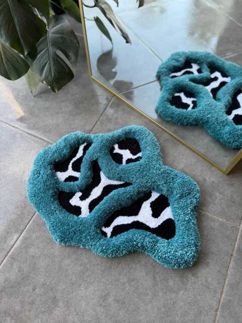 3D Blue Abstract Cow Print Handmade Tufted Rug - Black & White Fluffy Fiber Art Funky Animal Decor - image 1