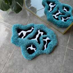 3D Blue Abstract Cow Print Handmade Tufted Rug - Black & White Fluffy Fiber Art Funky Animal Decor - thumbnail 2