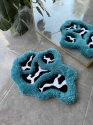 3D Blue Abstract Cow Print Handmade Tufted Rug - Black & White Fluffy Fiber Art Funky Animal Decor - thumbnail 1