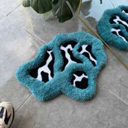 3D Blue Abstract Cow Print Handmade Tufted Rug - Black & White Fluffy Fiber Art Funky Animal Decor - thumbnail 3