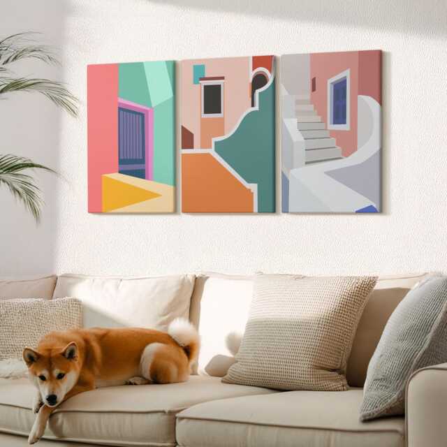 Canvas Set Of 3 Wall Art - Colorful Illustrations Modern-style Buildings, Orange Print, Travels Decor - image 1