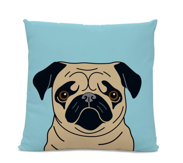 Fawn Pug Pillow - Dog Lover Home Decor, Blue Accent - image 1