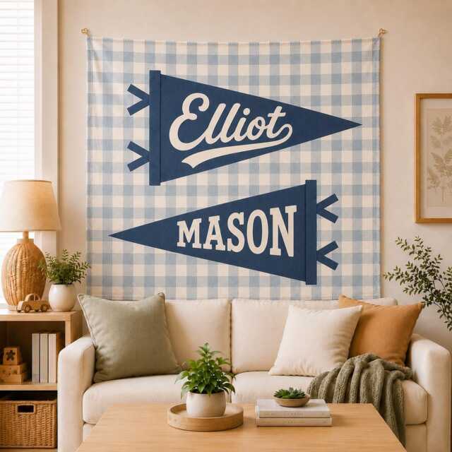 Personalized Nursery Pennant Tapestry, Custom Name Canvas Banner, Gingham Wall Kids Room Decor - image 1