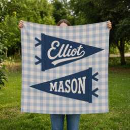 Personalized Nursery Pennant Tapestry, Custom Name Canvas Banner, Gingham Wall Kids Room Decor - thumbnail 2
