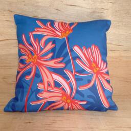 Handmade Floral Cotton Cushion Pink Flowers On Blue - thumbnail 1