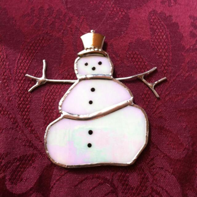 Snowman - Suncatcher Christmas Tree Ornament Handcrafted Stained Glass Translucent White Stocking Stuffer Winter Window - image 1