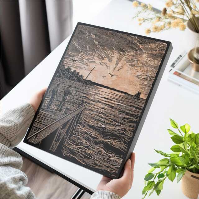 Fishing On A Pier Wall Art - Coastal Inspired Engraved Wood Lithograph Illustration, Large Art, Ocean Living Nautical Scene Painting - image 1