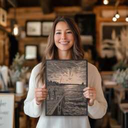 Fishing On A Pier Wall Art - Coastal Inspired Engraved Wood Lithograph Illustration, Large Art, Ocean Living Nautical Scene Painting - thumbnail 2