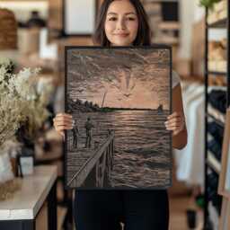 Fishing On A Pier Wall Art - Coastal Inspired Engraved Wood Lithograph Illustration, Large Art, Ocean Living Nautical Scene Painting - thumbnail 3
