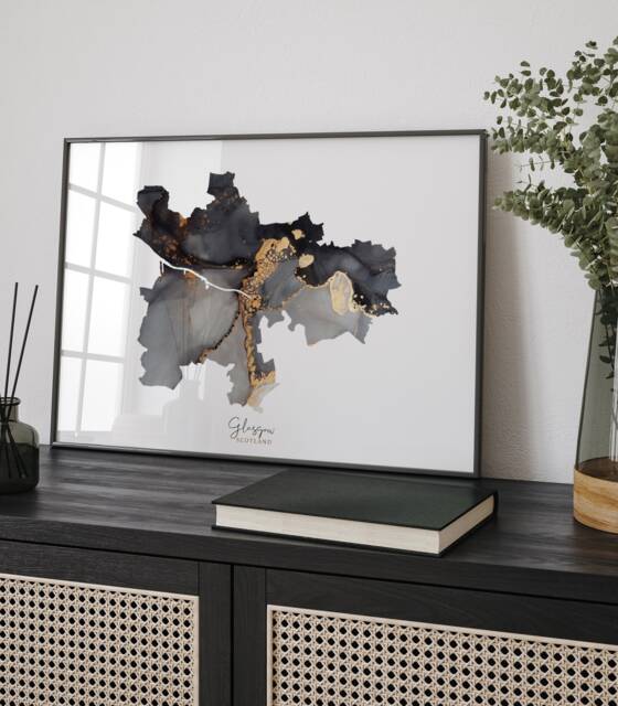 Glasgow Map Black & Gold Wall Art Print- Scotland - United Kingdom Great Britain - image 1