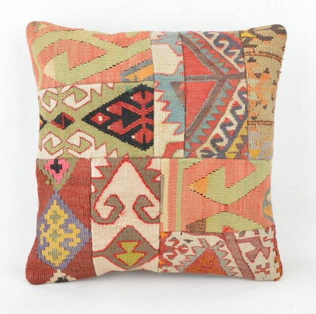 Kilim Pillow Patchwork Wool , Front Side Patchwork Unico, 40x40 cm .16x16Inc , Kilim Cover, Home D??cor , Throw Decorative - image 1