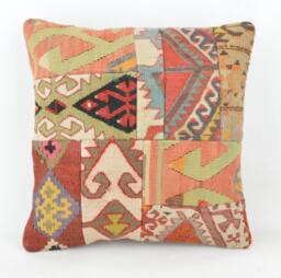 Kilim Pillow Patchwork Wool , Front Side Patchwork Unico, 40x40 cm .16x16Inc , Kilim Cover, Home D??cor , Throw Decorative - thumbnail 1