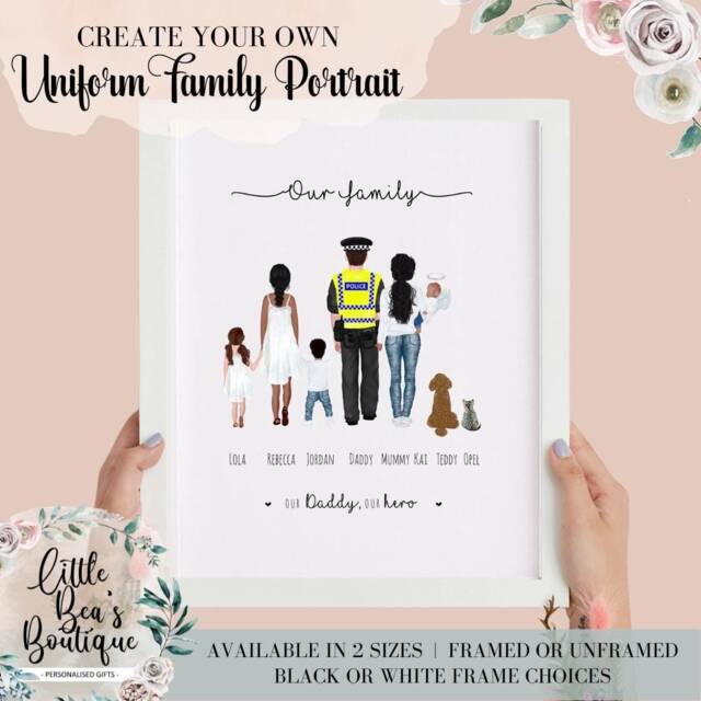 Personalised Family Portrait Uniform Print - Police, Firefighter, Nurse Christmas Gift For Him Custom Faceless Portrait Illustration - image 1