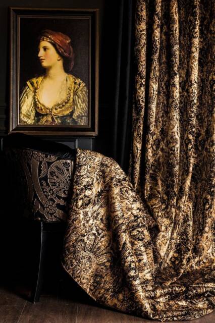 Damask Chenille Curtain Panel Black & Gold Luxury Drape - image 1