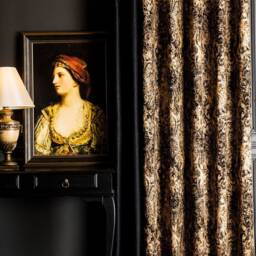 Damask Chenille Curtain Panel Black & Gold Luxury Drape - thumbnail 2