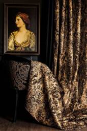 Damask Chenille Curtain Panel Black & Gold Luxury Drape - thumbnail 1